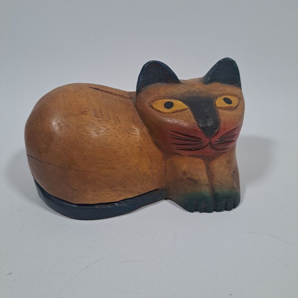 Vintage Pier 1 Folk Art Carved Resting Cat Brown Blue Yellow Eyes Trinket Boho